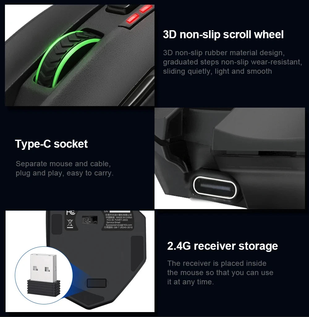 E-YOOSO RGB USB 2.4G laidinė žaidimų pelė X-33, 16000DPI, 18 programuojamų mygtukų, foninis apšvietimas, tinkama staliniam kompiuteriui, nešiojamajam kompiuteriui ir PC