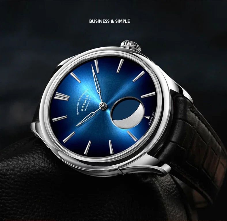 Borman Mens Automatic Watches Luxury Moon Phase Male Watch Mechanical Wristwatch Fashion 50M Waterproof Sapphire Leather Strap
