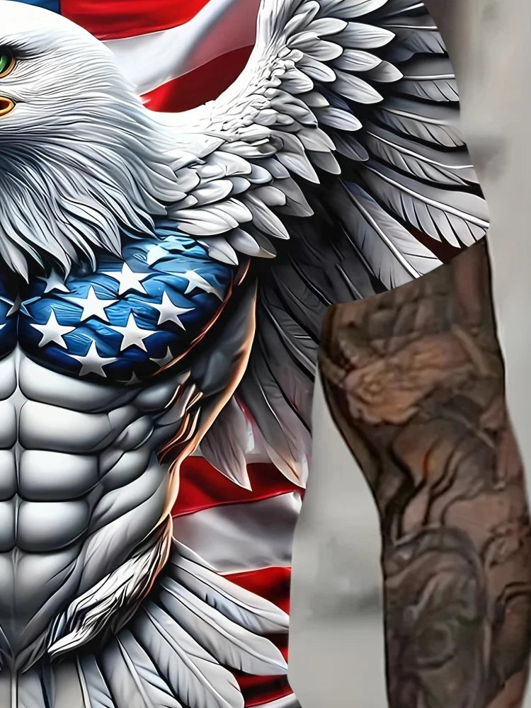 Patriotisches Herren-T-Shirt mit 3D-Adlerprint, lässiger Rundhalsausschnitt, kurzärmeliger Pullover für Sommermode und Outdoor-Aktivitäten, Herrenbekleidung