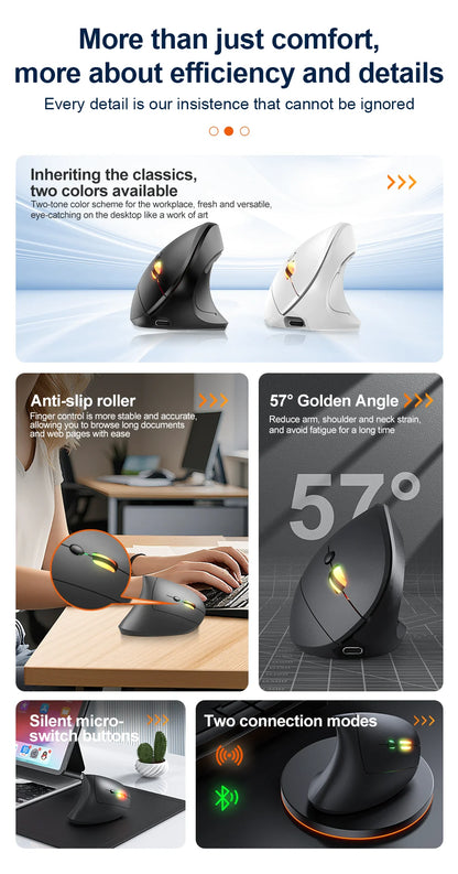 2.4G Bluetooth Wireless Vertical Mouse Rechargeable Ergonomic 1600DPI Adjustable Gaming Mouse 6Buttons for Laptop PC Computer