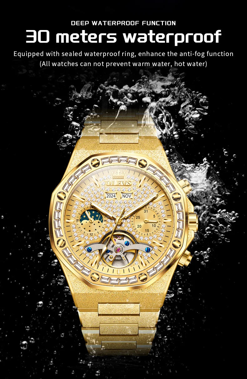 OLEVS Gold Steel Mens Watches Top Brand Automatic Mechanical Luxury Watch Sport Waterproof Tourbillon Wrist Watch Reloj Hombre
