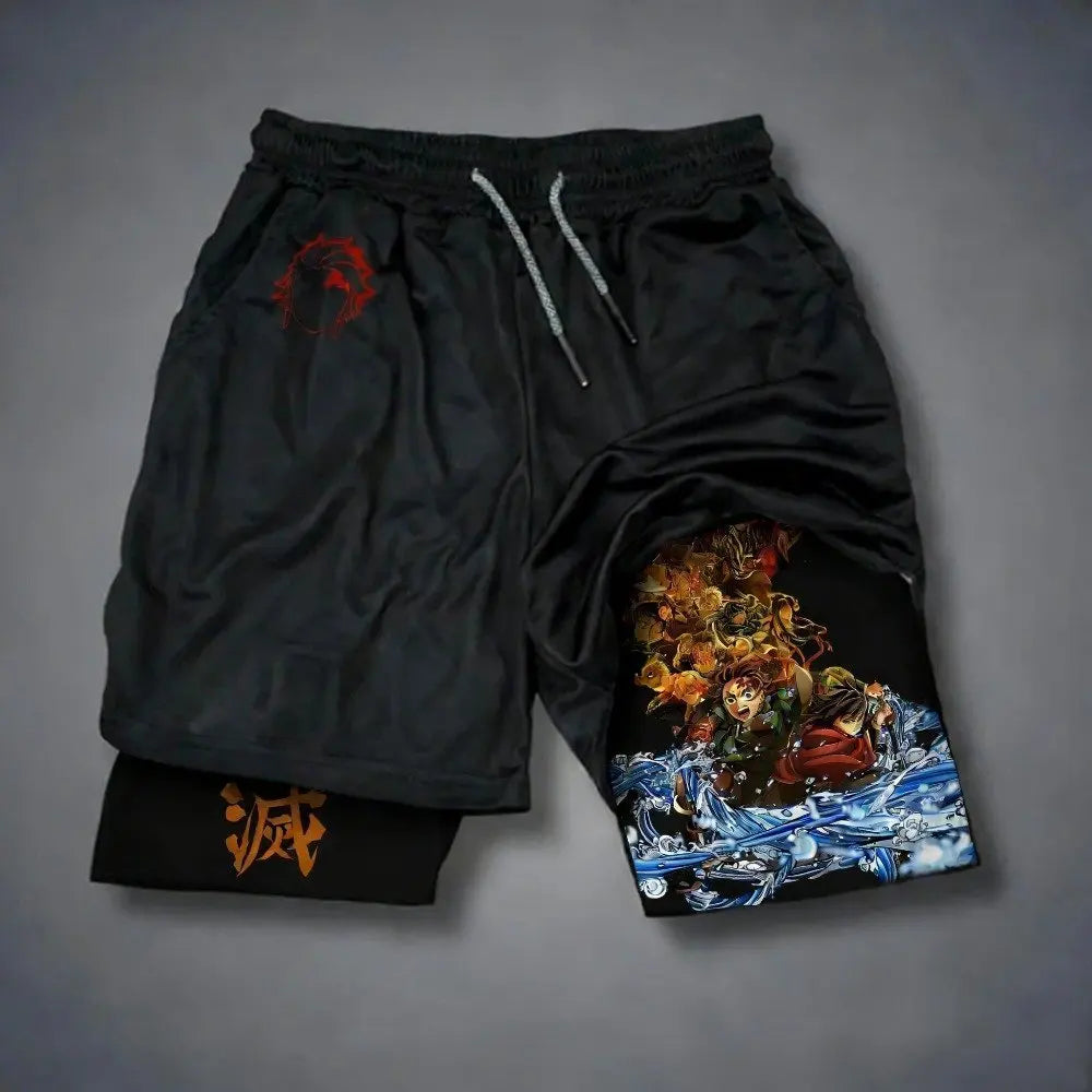Pantaloncini da palestra da uomo Anime Demon Slayer ad asciugatura rapida, pantaloncini doppio strato 2 in 1, sportswear Y2K estate 2026, streetwear traspirante