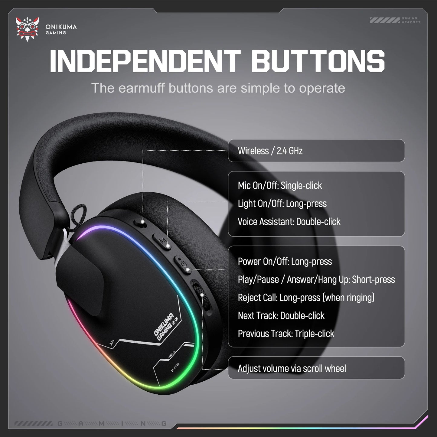 ONIKUMA Gt808 45dB Active Noise Canceling Wireless Headset | Hi-Res Audio, 1200mAh Battery 2.4GHz, Bluetooth, Wired
