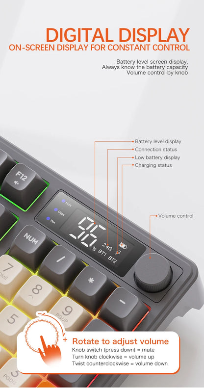 FreeWolf M96 Wireless Keyboard with Screen,Gaming Keyboard Bluetooth Dual-Mode Connection,Multi-Device Linking,Ergonomic