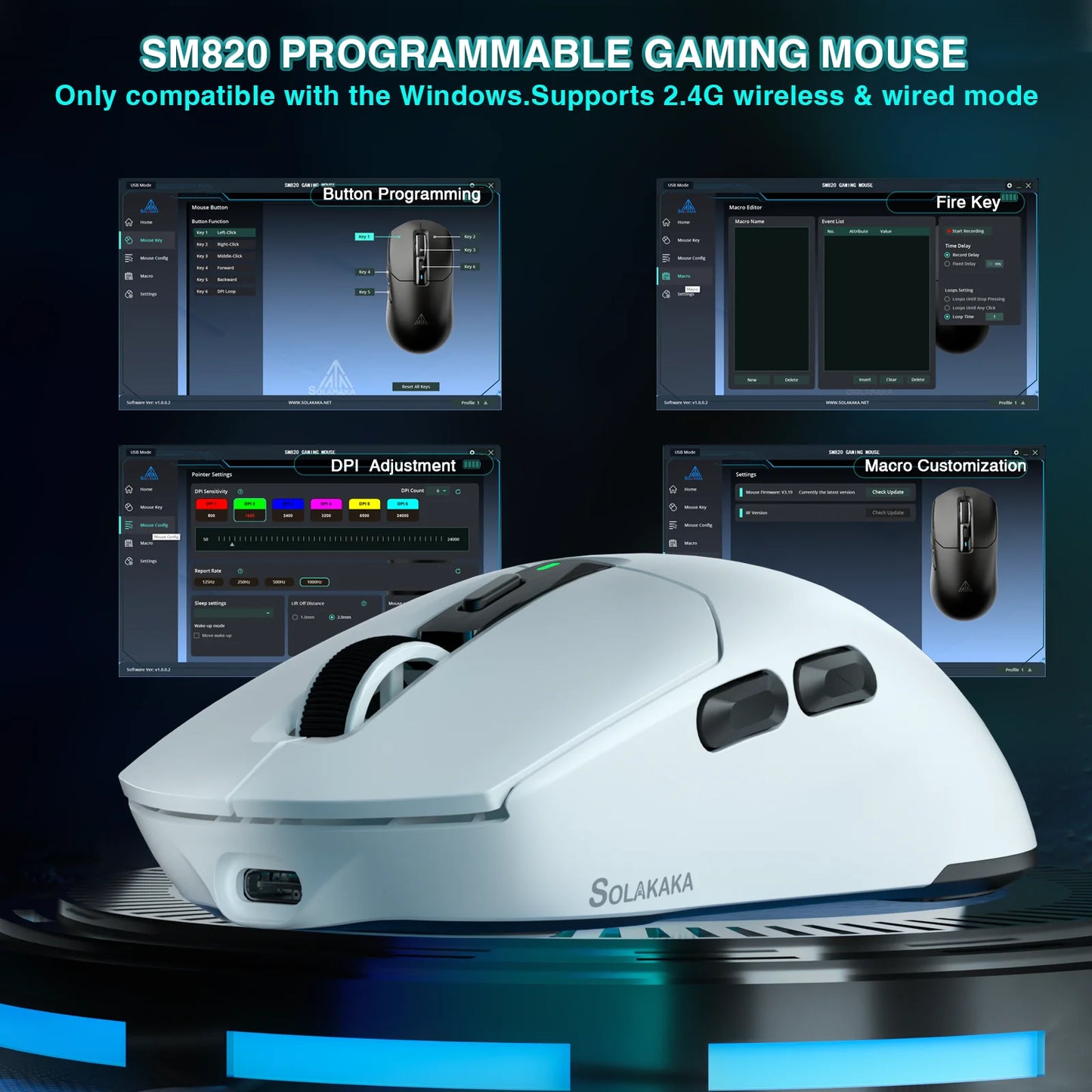 SOLAKAKA SM820 trijų režimų belaidė žaidimų pelė su magnetine įkrovimo stotele, RGB, PAW3311, 24000DPI, belaidė makrokomandų žaidimų pelė, itin lengva