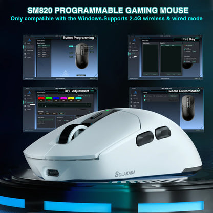 SOLAKAKA SM820 trijų režimų belaidė žaidimų pelė su magnetine įkrovimo stotele, RGB, PAW3311, 24000DPI, belaidė makrokomandų žaidimų pelė, itin lengva