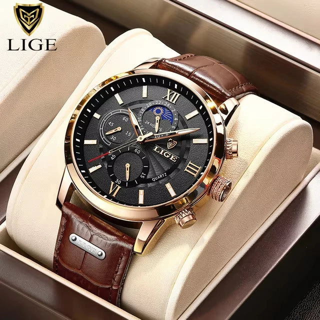 2025 New Men's Watches LIGE Top Brand Luxury Leather Casual Quartz Watch Men's Sport Waterproof Clock Watch Relogio Masculino+Box