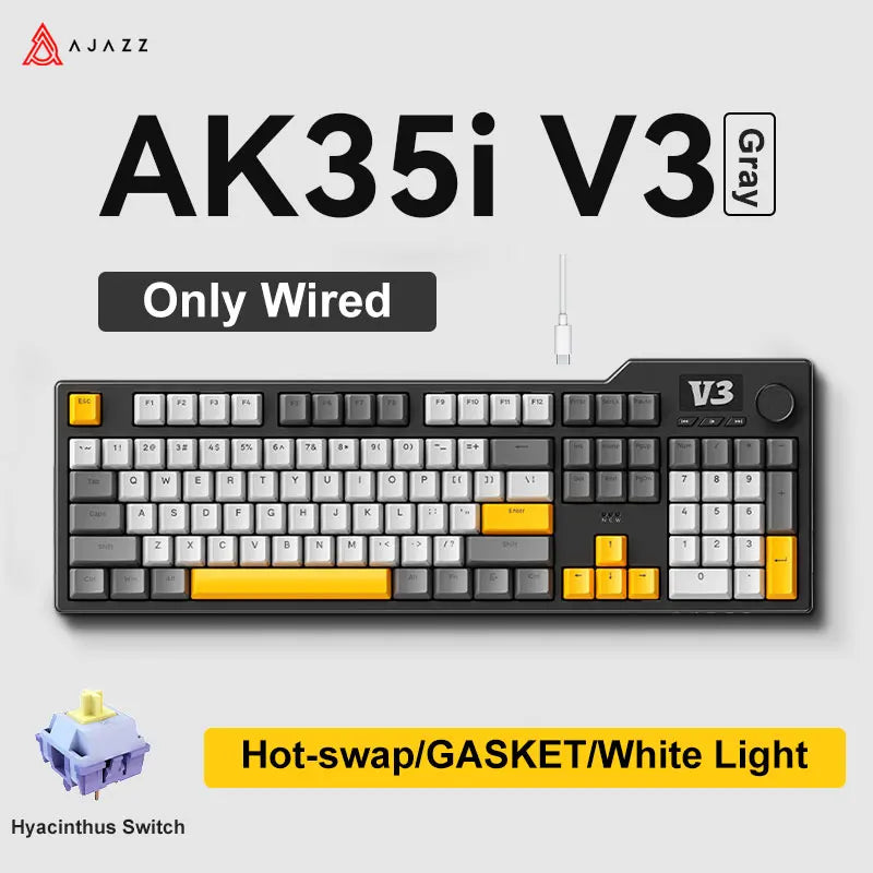 Novo teclado gaming AJAZZ AK35I V3 MAX tri-mode com fios, Bluetooth e sem fios, Gasket, hot swap completo, 104 teclas, teclado personalizado