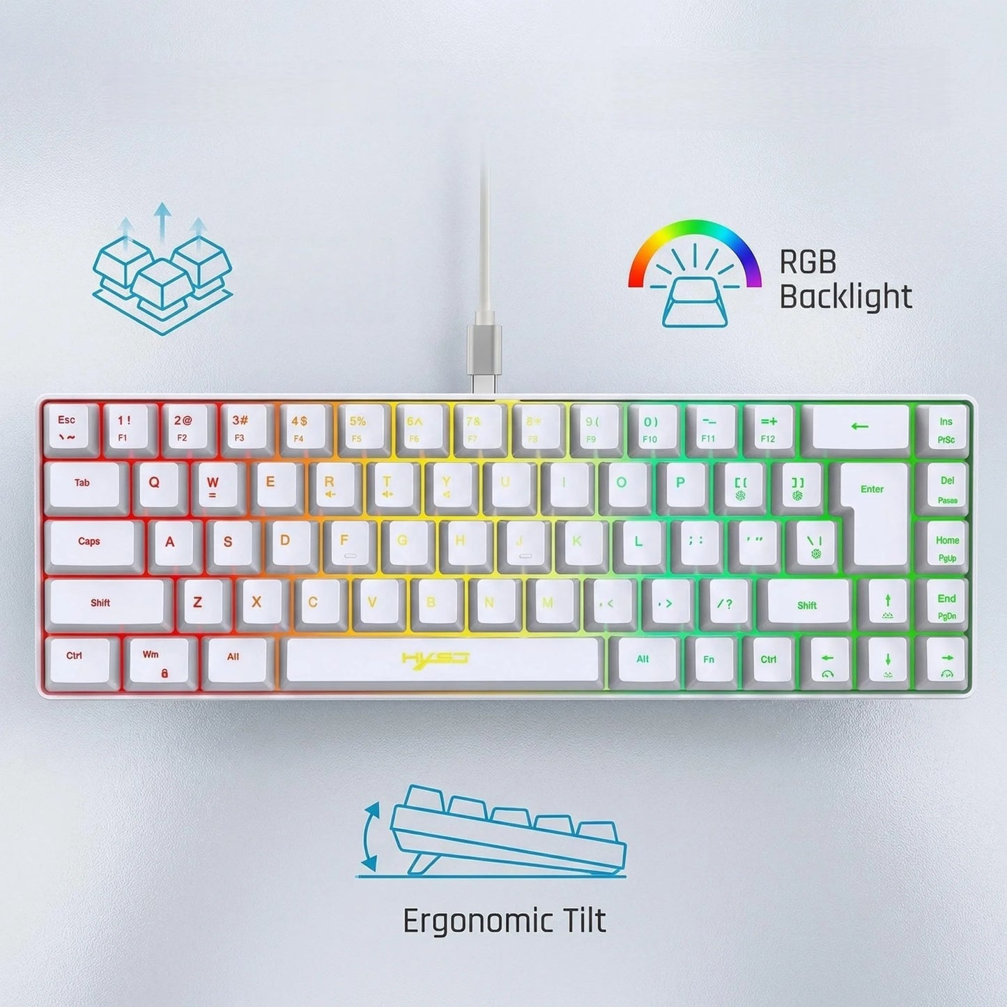 Ultra-Compact 65% Size Gaming Membrane Keyboard, Ergonomic RGB Backlit, Portable 68-Key Wired Office Keyboard with USB Plug-in