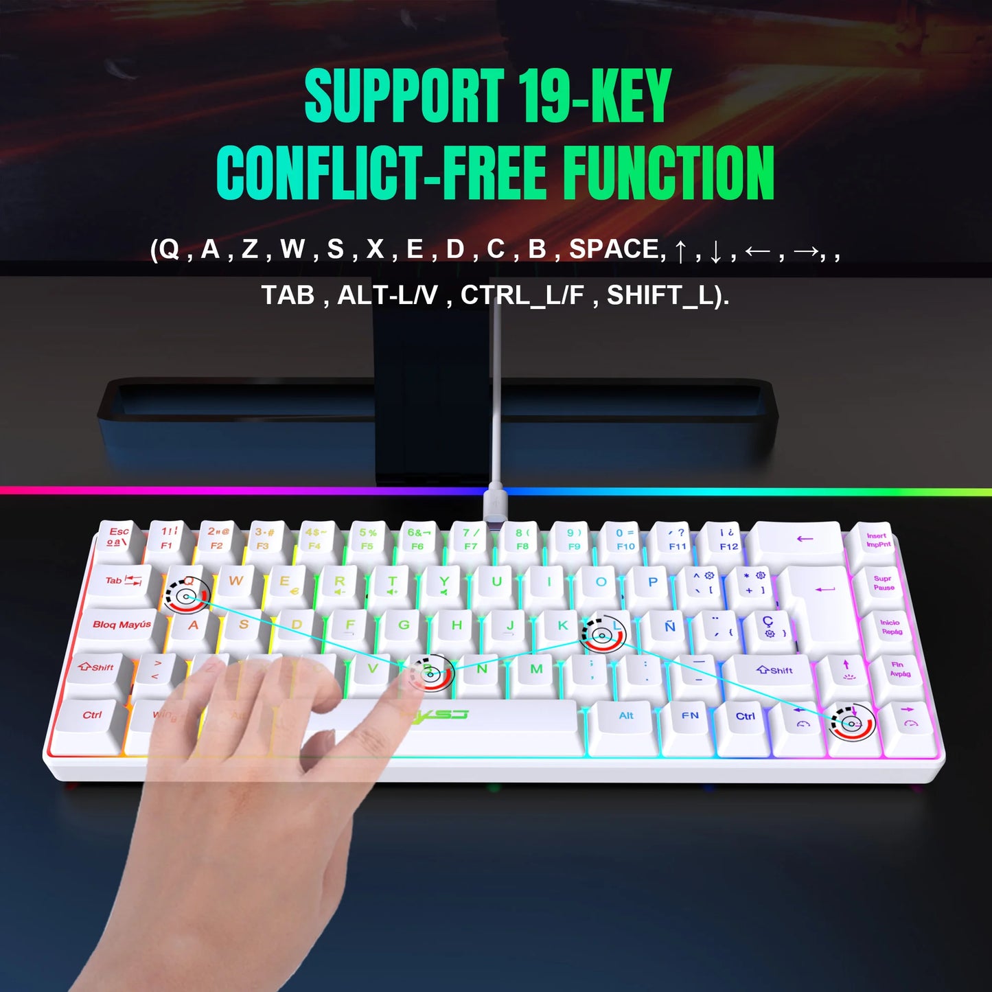 Hot Sale! Spanische kabelgebundene Gaming-Tastatur mit 69 Tasten und RGB-Hintergrundbeleuchtung, kompaktes 68%-Design, ein unverzichtbares Gadget für Büroangestellte und Gamer