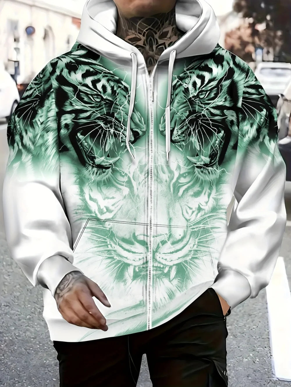 2025 Men's Long Sleeve Zip-up Tiger Graphic Hoodie Casual Outdoor Fashion Coat with Drawstring and Pockets Zip-up Hoodie for Men