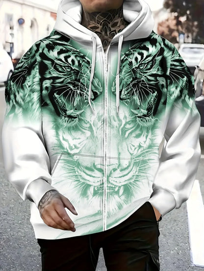 2025 Men's Long Sleeve Zip-up Tiger Graphic Hoodie Casual Outdoor Fashion Coat with Drawstring and Pockets Zip-up Hoodie for Men