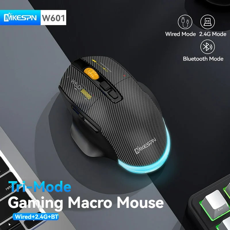 12800DPI 2.4G Wireless Bluetooth Wired Tri-mode Mouse Mute Button Macro Programming Carbon Fiber Gaming Mouse 500mAh 7 Keys
