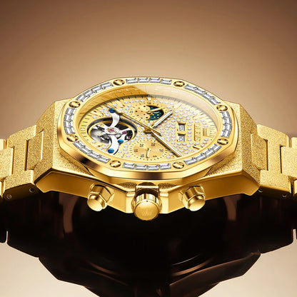 OLEVS Gold Steel Mens Watches Top Brand Automatic Mechanical Luxury Watch Sport Waterproof Tourbillon Wrist Watch Reloj Hombre