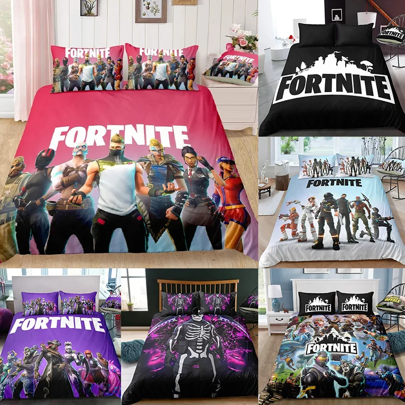 Спален комплект Fortnite с плик за завивка, 3 части, 3D принт, спално бельо за спалня, игра, аниме, анимационна калъфка за възглавница, декорация за стая, подаръци
