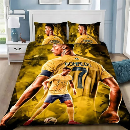 Copripiumino 3D calcio CR7, set biancheria da letto morbido con copripiumino e 1/2 federe per cuscino, per bambini e adulti, copertura in microfibra