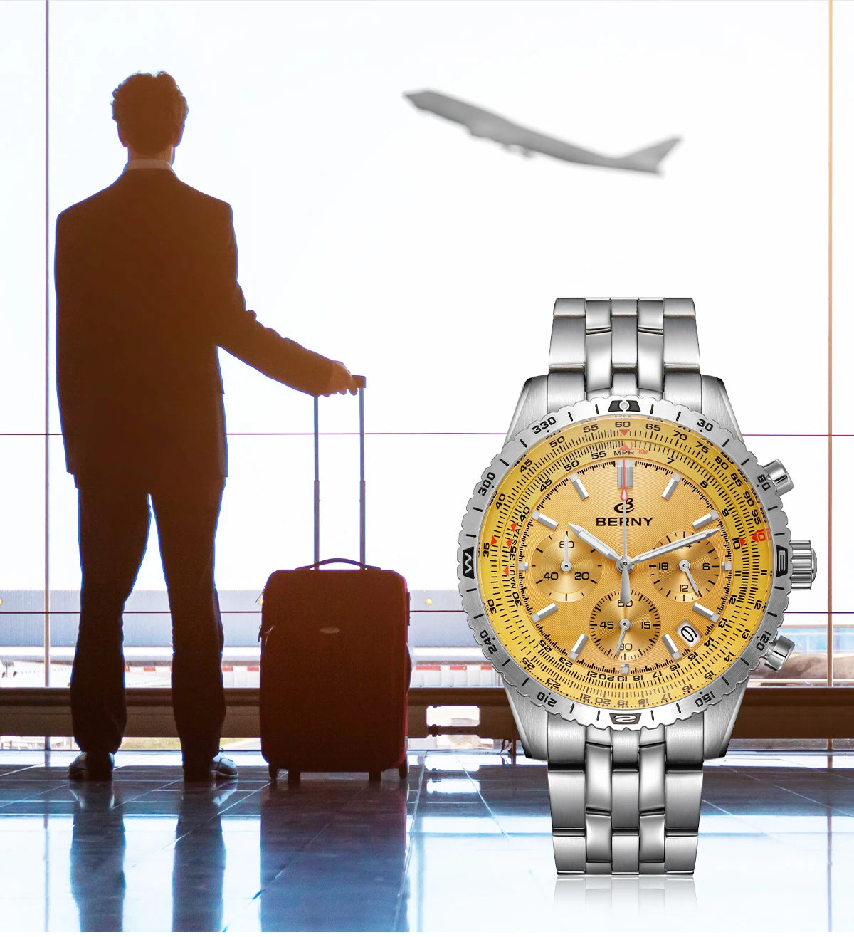 BERNY Aviation Men's Watches Quartz Chronograph Watch Date Sapphire Super Luminous Luxury Brand Dress Man Wristwatch