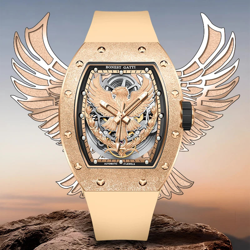 BONEST GATTI Luxury Men's Hollow Automatic Mechanical Watches Tonneau Sapphire Crystal Luminous Hollow Eagle Dial Rubber Straps