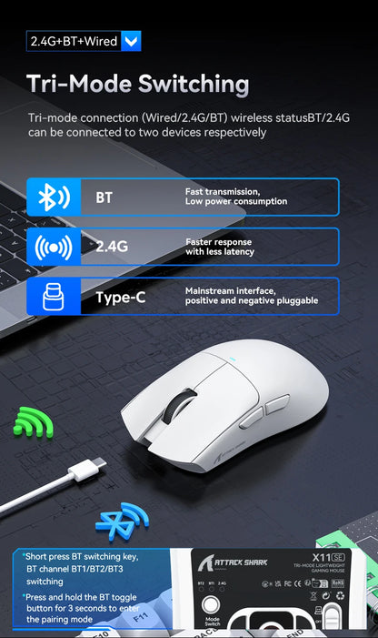 Ratón gaming ATTACK SHARK X11 y ratón inalámbrico X11 SE 22000 DPI, sensor PAW3311, BT/2.4G/con cable, ligero de 59g, 2000W clics