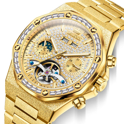OLEVS Gold Steel Mens Watches Top Brand Automatic Mechanical Luxury Watch Sport Waterproof Tourbillon Wrist Watch Reloj Hombre