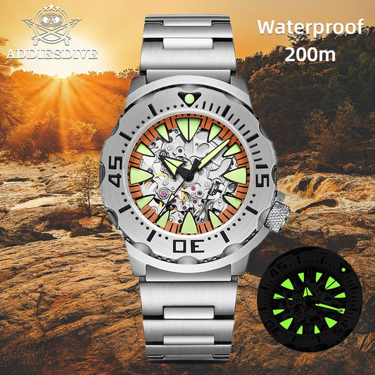 ADDIESDIVE  Luxury Automatic Watches for Men Sapphire 8N24 Stainless Steel Skeleton Luminous 20Bar Waterproof Gift Box Watch