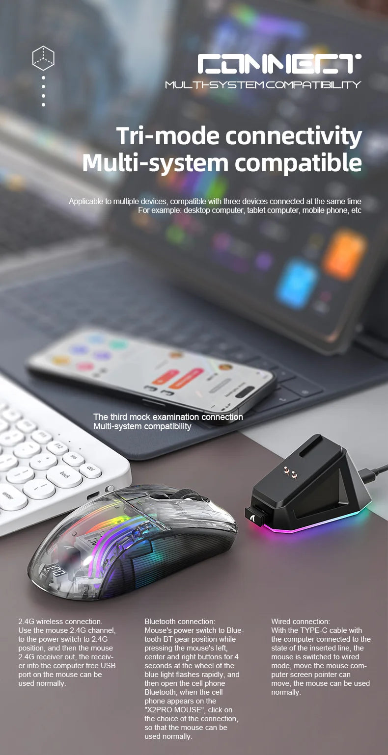 Attack Shark X2PRO Bluetooth Mouse, Tri-Mode , RGB Lights, Magnetic Charging ,Transparent, Battery Indicator, Computer Phone