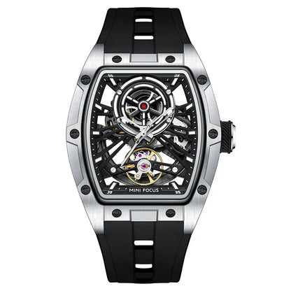 MINI FOCUS Herren-Armbanduhr, modisch, schwarz, wasserdicht, automatische mechanische Uhr mit Leuchtzeigern, Silikonarmband und Tonneau-Zifferblatt