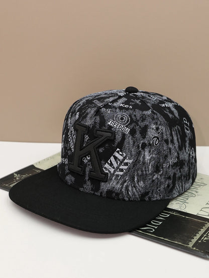 1pc K letter embroidered hip-hop baseball cap with sun visor and flat brim cap
