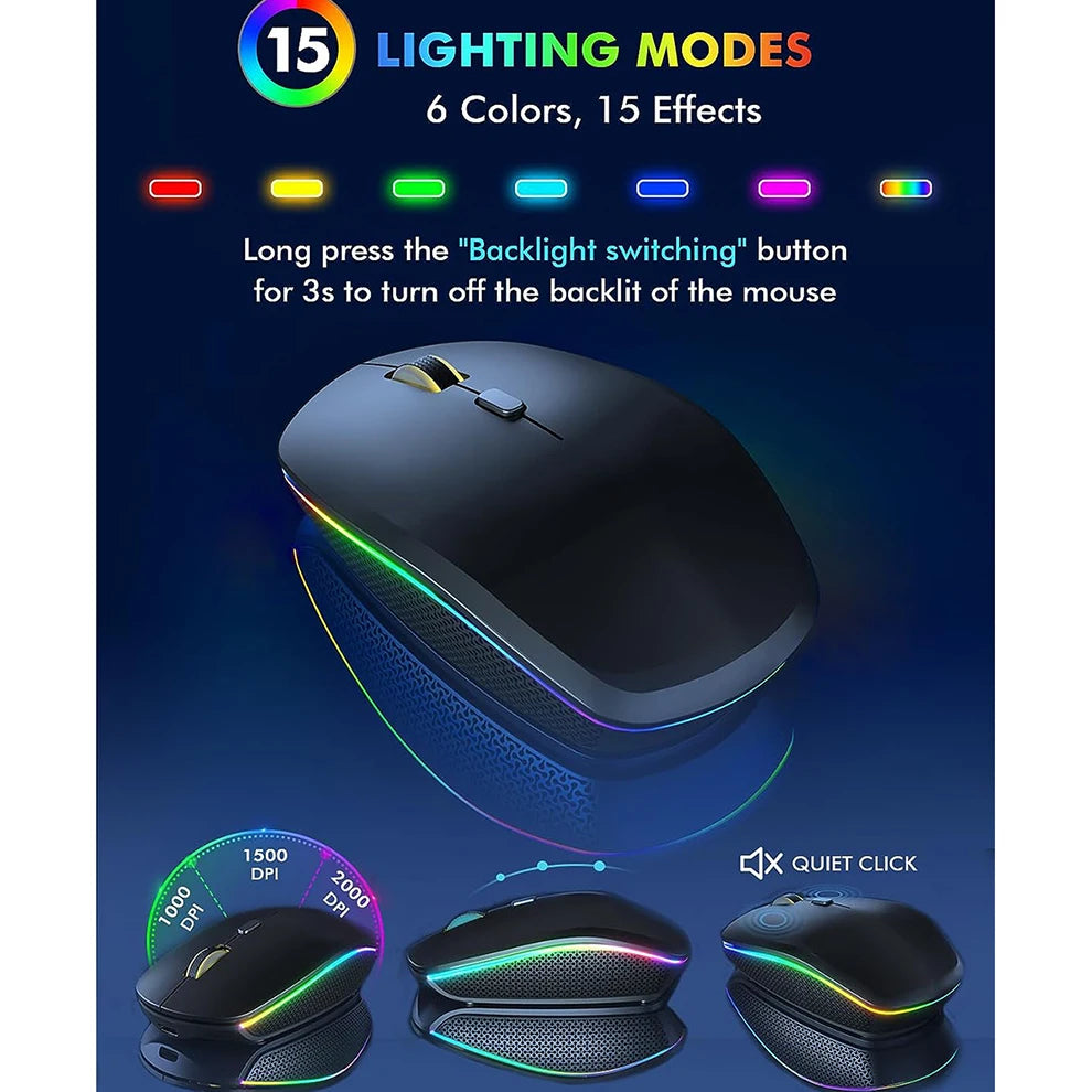 Combo de teclado y ratón inalámbricos con retroiluminación RGB, letras iluminadas recargables, tamaño completo, ergonómico, modo de suspensión, 2.4GHz