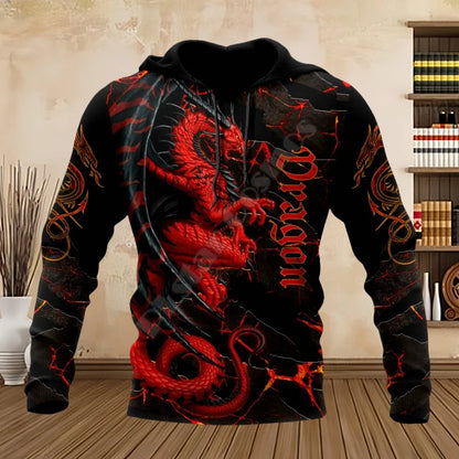 Muške majice s kapuljačom Tattoo Dragon s 3D printom za proljeće i jesen, dugih rukava, uniseks streetwear ležerne majice s kapuljačom za muškarce