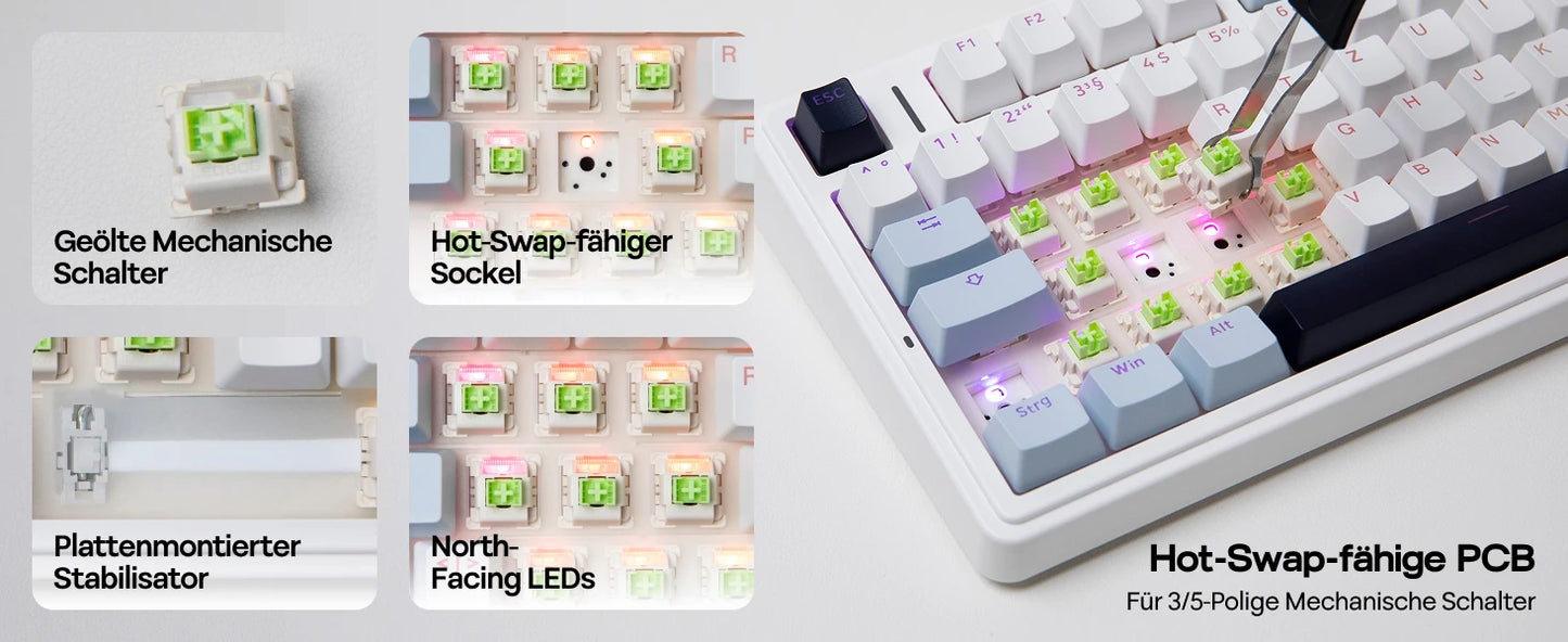 Teclado mecânico sem fios EPOMAKER x AULA F75 ISO-DE com conectividade tri-modo, layout alemão QWERTZ e bateria de 4000 mAh
