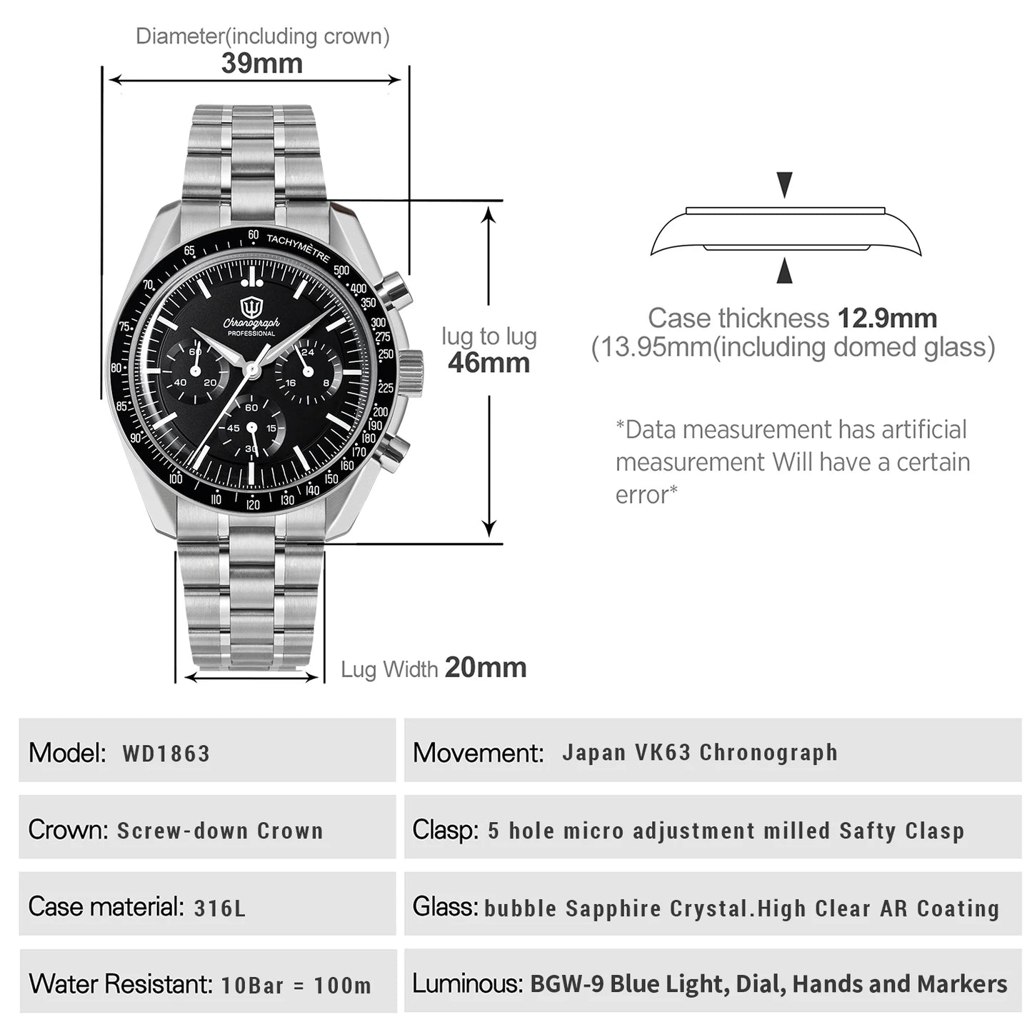 Orologio da uomo Watchdives New Wd1863 al quarzo VK63, cronografo con vetro zaffiro bombato, impermeabile, 39 mm, in acciaio, top brand, orologio business di lusso