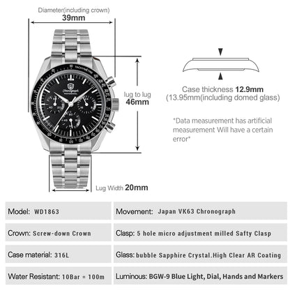 Orologio da uomo Watchdives New Wd1863 al quarzo VK63, cronografo con vetro zaffiro bombato, impermeabile, 39 mm, in acciaio, top brand, orologio business di lusso