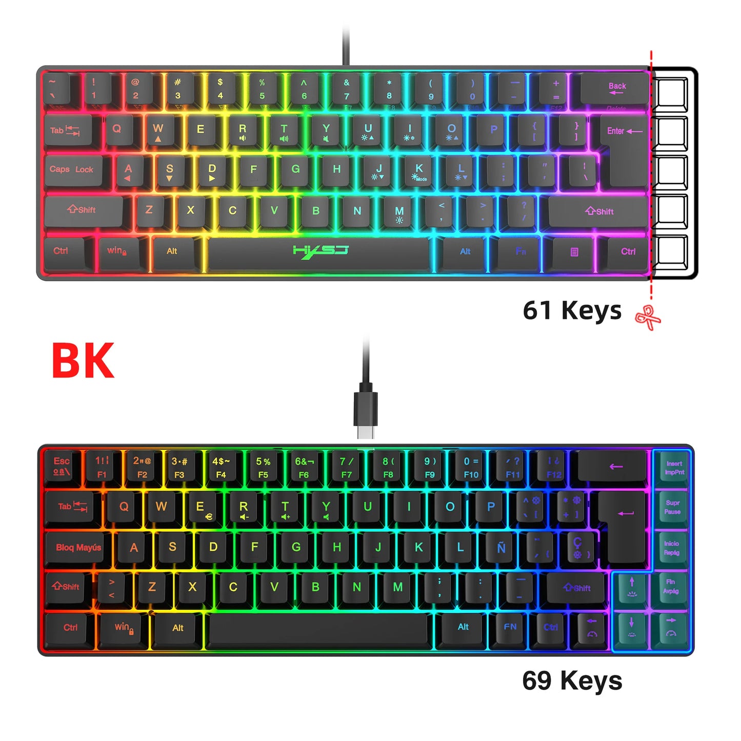 Hot Sale! Spanische kabelgebundene Gaming-Tastatur mit 69 Tasten und RGB-Hintergrundbeleuchtung, kompaktes 68%-Design, ein unverzichtbares Gadget für Büroangestellte und Gamer
