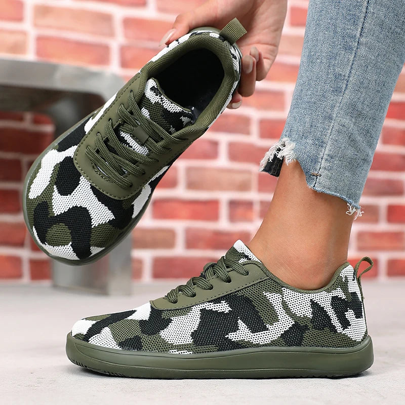 Camouflage-Damenschuhe mit breiter Zehenbox, atmungsaktivem Mesh und bequemer flacher Sohle – neue Barfußschuhe mit weicher Sohle, Damen-Sneaker
