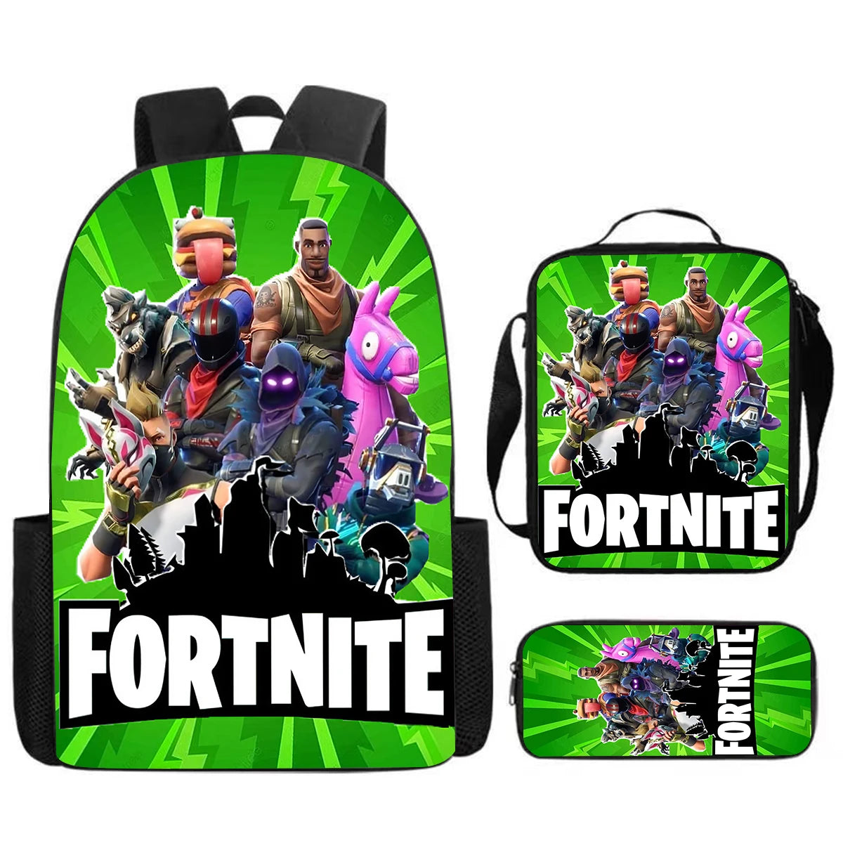 Fortnite Cartoon 3-teiliges Set, großes Fassungsvermögen, geeignet für Jungen und Mädchen von 5-8 Jahren, inklusive Rucksack, Lunchbag und Federmäppchen