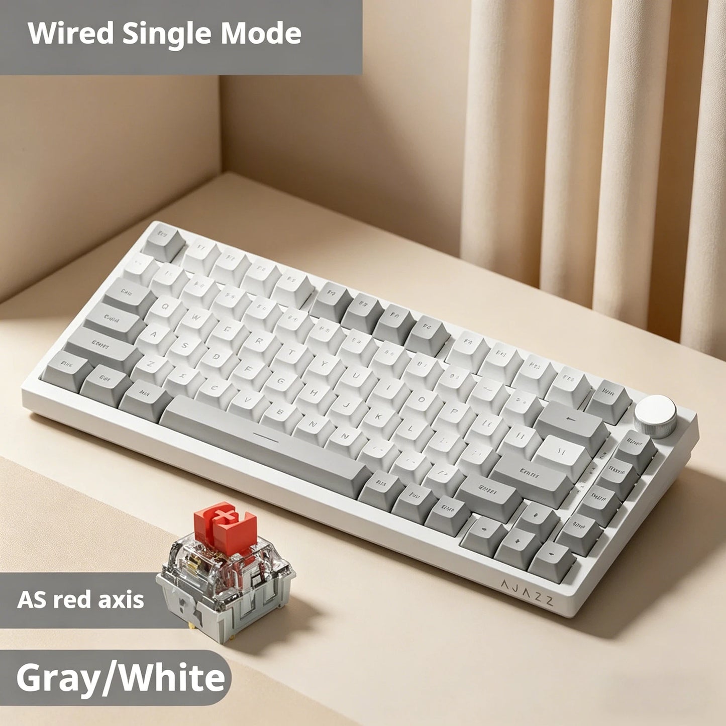 Teclado Mecânico com Fio AJAZZ AK820 75%: Hot-Swappable, Retroiluminação RGB/Branca/Azul-Gelo, Controlo por Botão de Volume | Para Escritório e Gaming