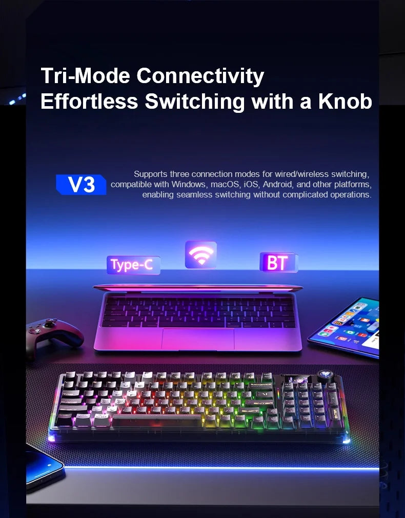 AULA F98Pro V3 Mechanical Keyboard W/ Rotate Button RGB Backlight Screen Tri-Modes Game E-sports Special Carved 95 Keycaps