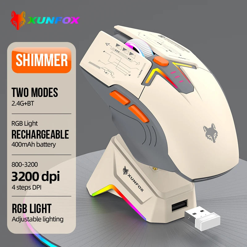 Ratón XUNSVFOX H2 inalámbrico Bluetooth de doble modo con iluminación RGB, para portátil, gaming y oficina, con carga magnética