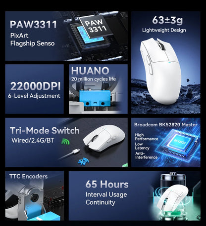 Ratón gaming ATTACK SHARK X11 y ratón inalámbrico X11 SE 22000 DPI, sensor PAW3311, BT/2.4G/con cable, ligero de 59g, 2000W clics