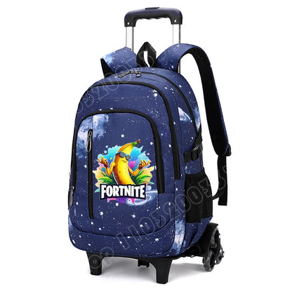 Mochila trolley 2 en 1 Fortnite con estampado de cielo estrellado, gran capacidad, impermeable, compartimento para portátil, diseño para subir escaleras, mochila escolar para estudiantes