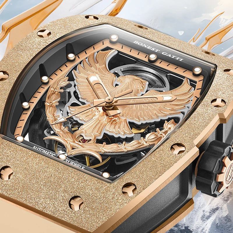 BONEST GATTI Luxury Men's Hollow Automatic Mechanical Watches Tonneau Sapphire Crystal Luminous Hollow Eagle Dial Rubber Straps