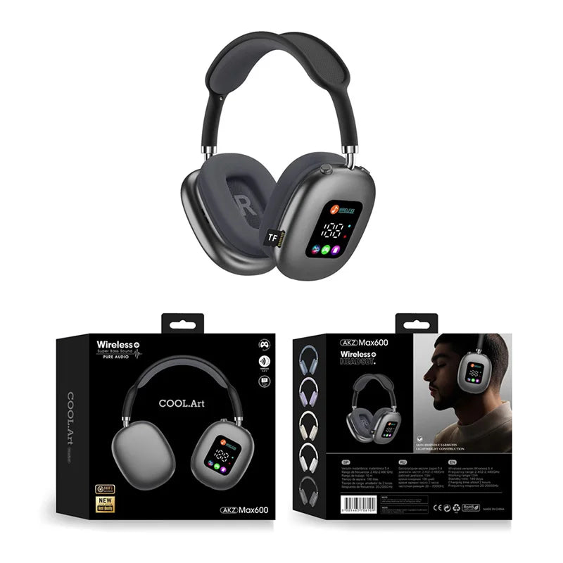 MAX600 Wireless Active Noise Cancelling Headphones – Bluetooth 5.2 Over-Ear Headset with Touch Control, LED Display & Microphone