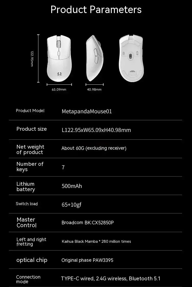 Metaphyuni Metapanda P1 kabellose Maus P1 Pro Max PAW3395, geringe Latenz, leichte E-Sports-Gaming-Maus, ergonomisch, Geschenk für PC-Gamer