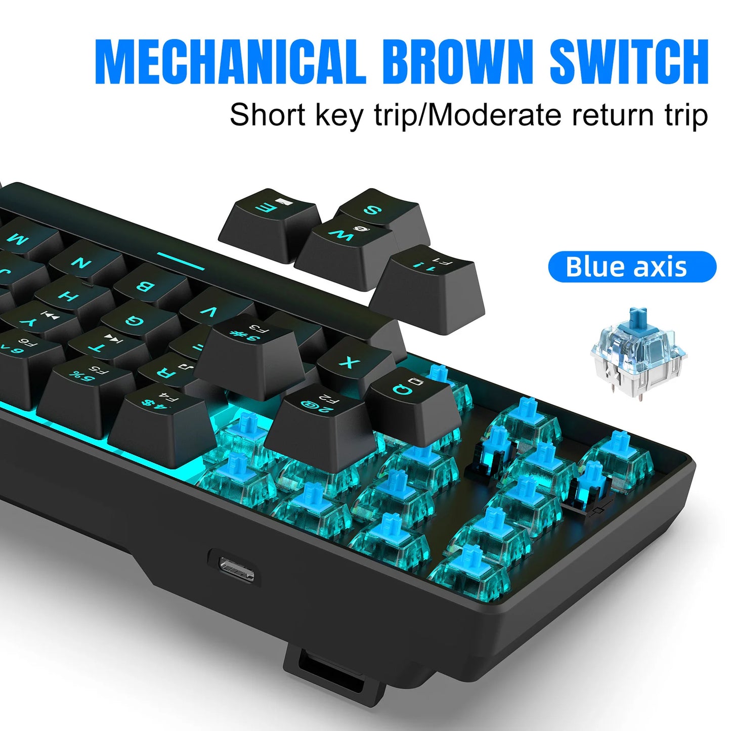 Teclado mecánico gaming 60% USB con teclas blancas, mini teclado gamer ergonómico para ordenador con retroiluminación y música