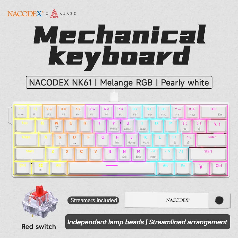 Ajazz NK61 Wired Mechanical Gaming Keyboard with full-key hot-swappable switches RGB lighting effects 61 keys red switches