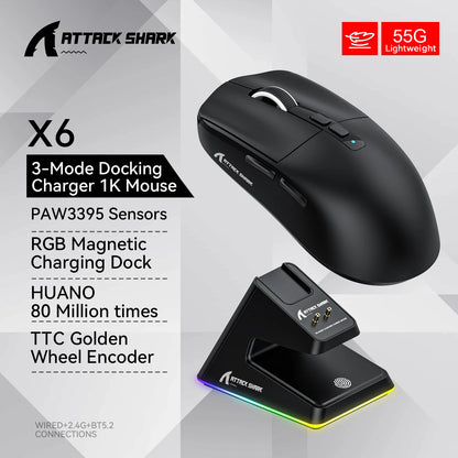 Attack Shark X6 Lightweight Wireless Gaming Mouse with 3 Mode Up to 26K DPI RGB Backlight Charging Base for Laptop Desktop