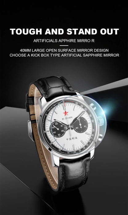 Red Star Panda Mens 1963 Chronograph Mechanical Wristwatch Seagull st1901 Movement Gooseneck 40mm Luminous Sapphire Pilot Watch