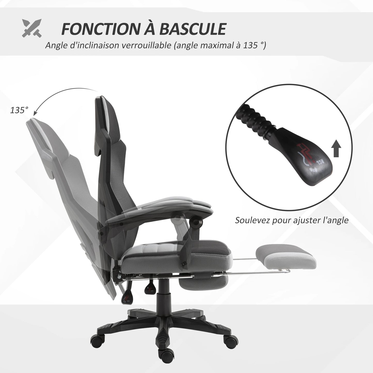 Ergonomic Gaming Office Chair, Grey & Black, Adjustable Height, 360° Swivel, Mesh Fabric, High-Density Foam, Easy Assembly