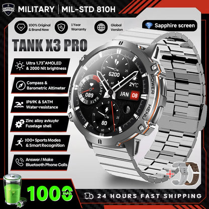 2026 New Military TANK X3 Smartwatch für Herren, 1000mAh Akku, 10ATM wasserdicht zum Schwimmen, GPS-Route, 1.75" AMOLED HD, Anrufe, Sport-Smartwatch